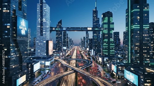 Wallpaper Mural Futuristic Cityscape at Night: A breathtaking view of a futuristic city at night, with towering skyscrapers, advanced transport systems, and vibrant displays illuminate the scene Torontodigital.ca