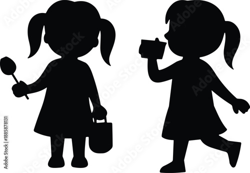 Silhouette of two young girls with ponytails, one holding a spoon and handbag, the other walking with a cup, playful childhood scene