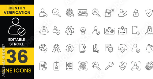 Identity and Verification Line Icon Set. Pixel Perfect and Outline Editable Stroke Icons collection for Passport, Biometric
