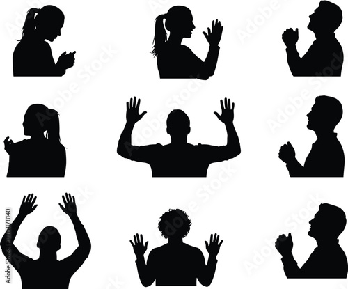 black silhouettes of people in prayer and worship poses on white background, spiritual devotion, meditation, contemplation, faith and communal reverence