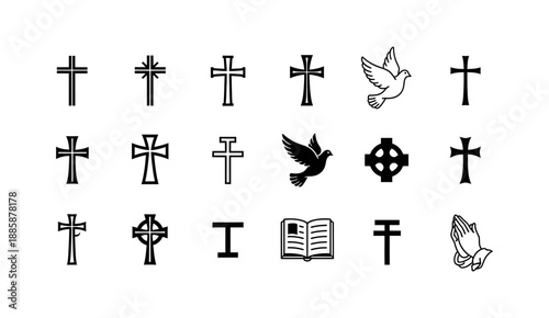 Diverse collection of black and white Christian cross and religious symbol vector icons representing faith, spirituality, worship, and sacred design elements for various graphic projects