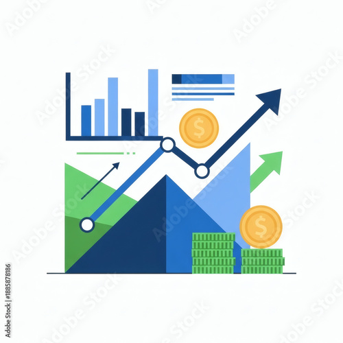 Financial Growth Illustration: An upward-trending arrow pierces through a graph representing financial growth and success, accompanied by stacks of money and currency symbols. 