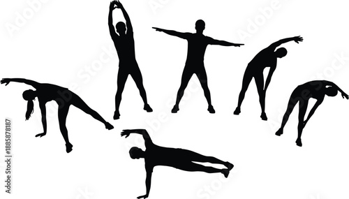  black silhouettes demonstrating stretching and balance exercises in varied poses on white background, fitness routine, flexibility, core strength, yoga and warm-up