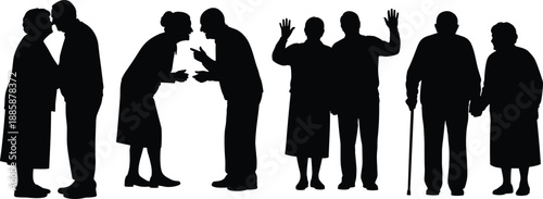 Silhouettes of six elderly couples showing affection, disagreement, greeting, and support, portraying companionship, aging relationships, mobility aid, and emotional connection