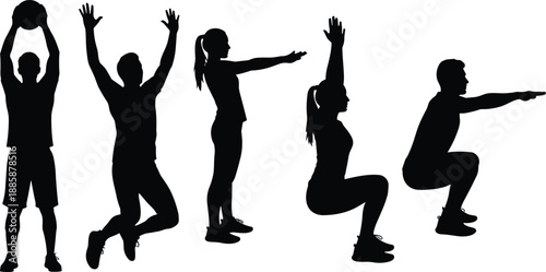 Five fitness silhouettes performing dynamic exercise movements including medicine ball lifts, jumps, squats and stretches for workout instruction and gym training
