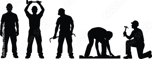 Five construction worker silhouettes performing varied tasks with sledgehammer, crowbar and hammer, kneeling and bending, illustrating manual labor, technique and safety