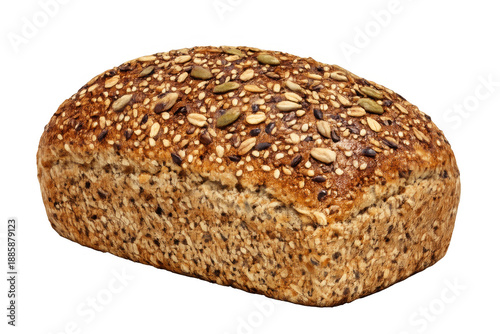 Multigrain bread loaf showing healthy whole grain texture and various seeds covering the crust on transparent background
