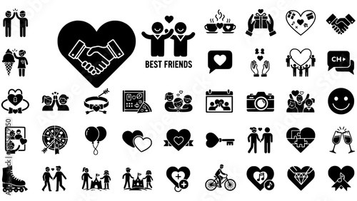 Modern monochrome icon pack illustrating friendship, love, family, and diverse social connections