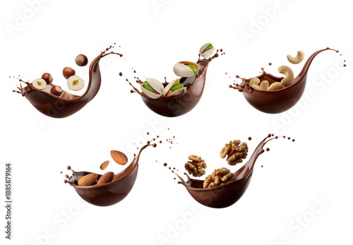 Set of various nuts in melted chocolate splash on a transparent background. Generative AI