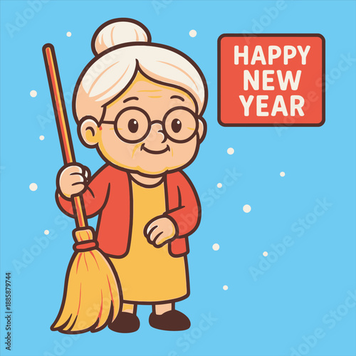 A cheerful elderly woman holding a broom and wearing glasses, standing against a light blue background with a red 'HAPPY NEW YEAR' sign, in a colorful flat vector illustration design.