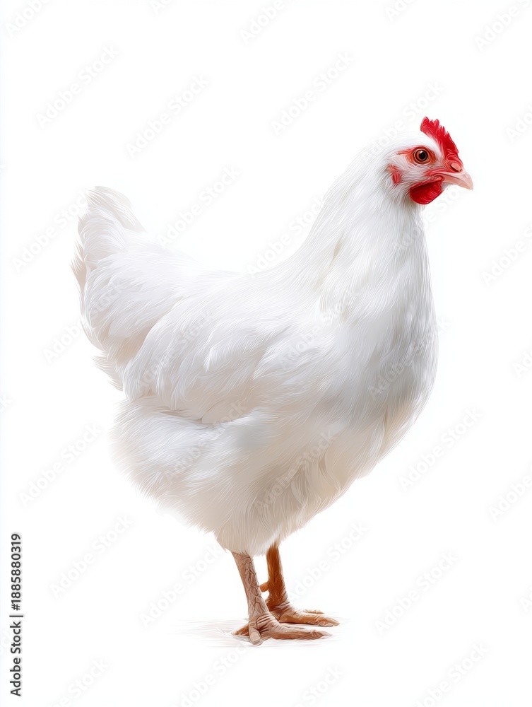 Naklejka premium A beautiful white hen stands confidently on a white background. This image captures the essence of poultry farming and healthy livestock. Ideal for agricultural projects and food industries. AI
