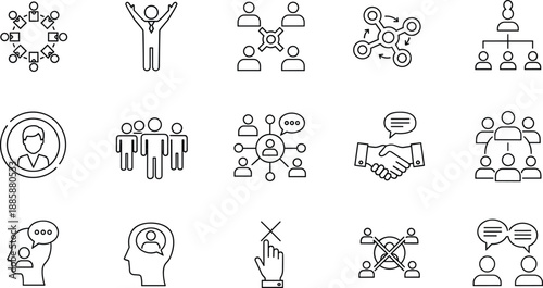 Business collaboration and human resources line icon set featuring team meeting, successful leadership, corporate networking, handshake partnership, and organizational hierarchy.