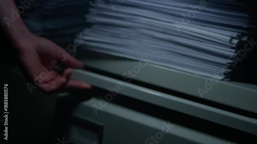 A paper folder of documents with a Top Secret cover page is placed into and removed from an office filing cabinet under subdued lighting. Suggestive of spying, espionage, or cover-up.
