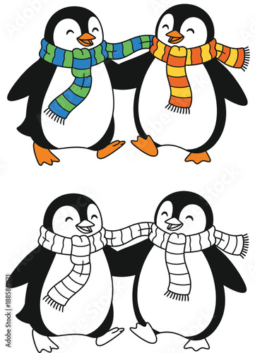 Cute penguins walking together wearing scarves colored and outline vector illustration for winter or coloring book page