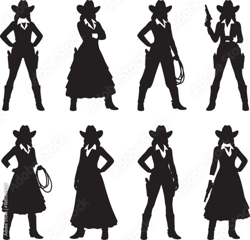 Silhouettes of women in cowboy hats and dresses holding guns and lassos against a white background also transparent background