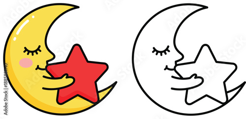 Cute cartoon crescent moon hugging a red star colored and outline vector illustration for bedtime story or coloring book page