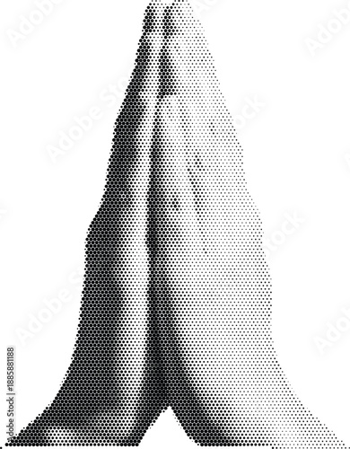 Human hands in prayer gesture in halftone duotone style for religion and faith designs