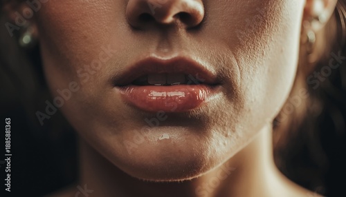 Woman's glossy, wet lips and chin in an intimate macro photograph showing realistic skin texture, pores, and fine vellus hair with soft, dramatic, moody lighting