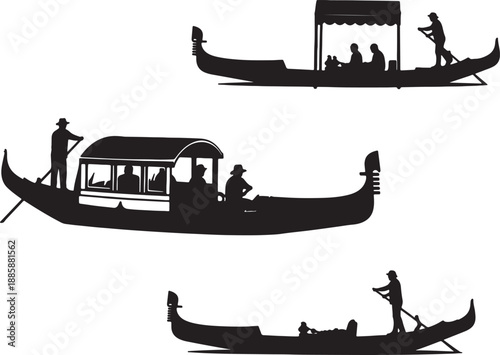 Three Black Silhouettes of Gondolas with Passengers and Gondoliers on Water also transparent background