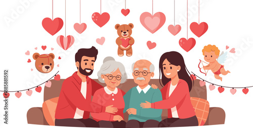 Loving multigenerational family illustration with grandparents and adult children hugging on sofa, hearts, care,  illustration with grandparents and adult children hugging on sofa,