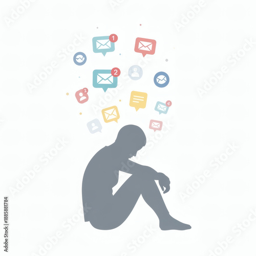 Digital Overload: A silhouette of a person overwhelmed by a barrage of digital notifications, symbolizing the constant demands of the online world.