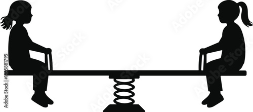 Black Silhouette of Two Young Girls Playing on a Seesaw Playground Equipment Isolated on White Background for Childhood and Education Designs