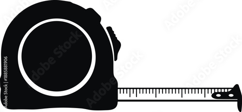 Black measuring tape silhouette icon, retractable ruler tool for construction and carpentry vector illustration, precise measurement symbol on white background, handyman.
