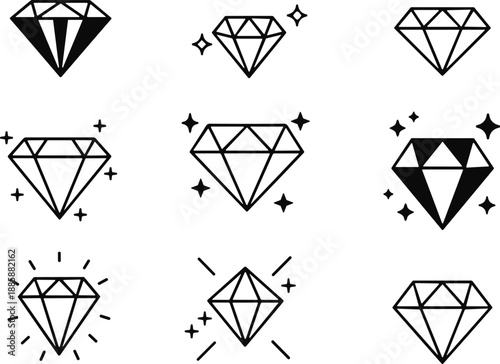 Black diamond icons set with sparkles, luxury jewelry crystal gem silhouette vector illustration, brilliant stone symbols isolated on white background, shiny.