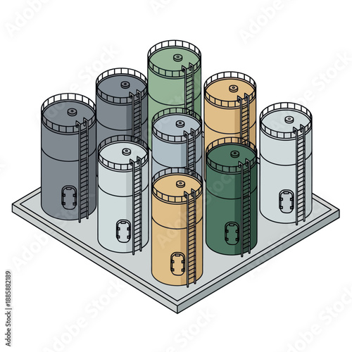 Group of Cylindrical Storage Tanks Isometric View.