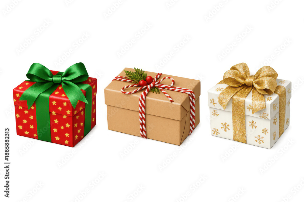 Fototapeta premium Christmas gifts collection: three elegant present boxes with ribbons and bows for holiday celebrations on transparent background