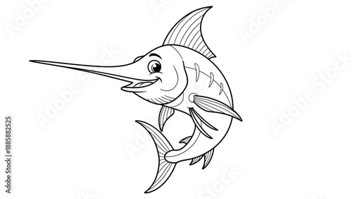 Cartoon Swordfish Drawing – Happy Marlin Fish Line Art Illustration