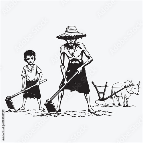 Farmer and Son Cultivating Field