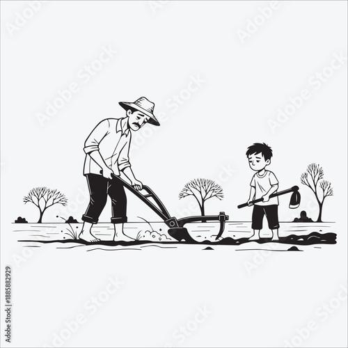 Farmer and Son Cultivating Field