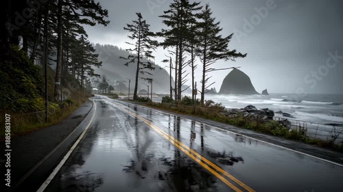4K Moody coastal highway on a rainy day with haystack rock in the distance, pacific northwest video