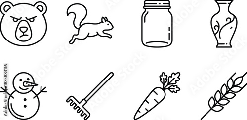 Minimalist black and white vector icon set featuring an angry bear squirrel mason jar vase snowman garden rake carrot and wheat stalk for seasonal design