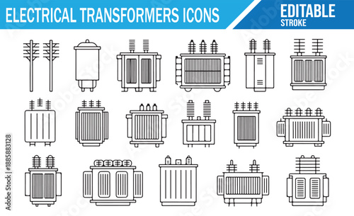 Electrical transformers icons set. Line art vector illustration of power distribution equipment. Editable stroke.
