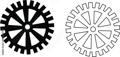 Gear and cog icon set in silhouette and outline style, mechanical settings symbols with industrial machine wheels, engineering technology vector illustration collection