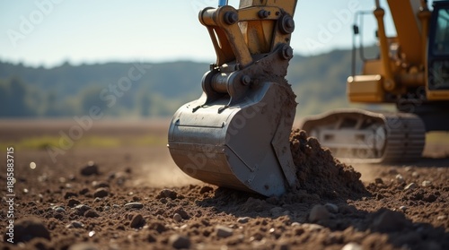 Heavy machinery excavator digging earth ground construction site industry project development earthworks land clearing heavy equipment powerful machine industrial machinery construction worker 