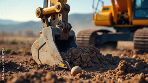Heavy machinery excavator digging earth ground construction site industry project development earthworks land clearing heavy equipment powerful machine industrial machinery construction worker 
