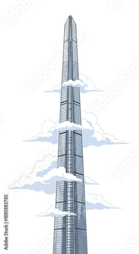 Tall silver skyscraper piercing through clouds with sleek modern architecture.