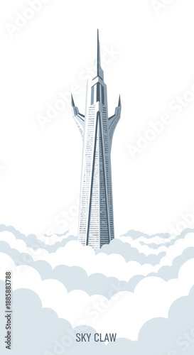 Futuristic Sky Claw Tower Rising Above the Clouds.
