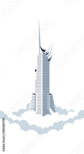 Modern skyscraper illustration with sleek design and cloudy base.