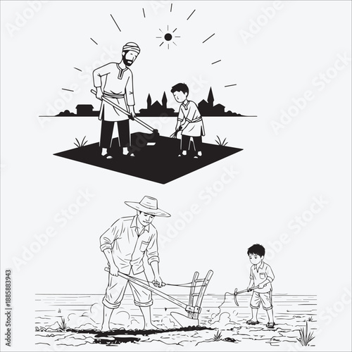 farmer and son cultivating field vector