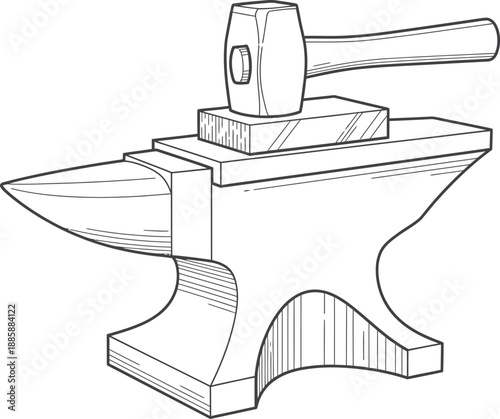 A detailed line art illustration of a hammer resting on an anvil with a piece of metal ready for forging