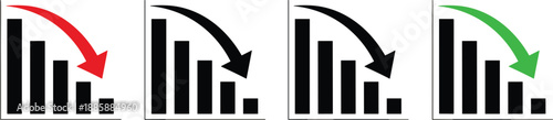 Set of vector bar charts with downward falling arrows representing market loss, financial crisis, and declining business performance trends.