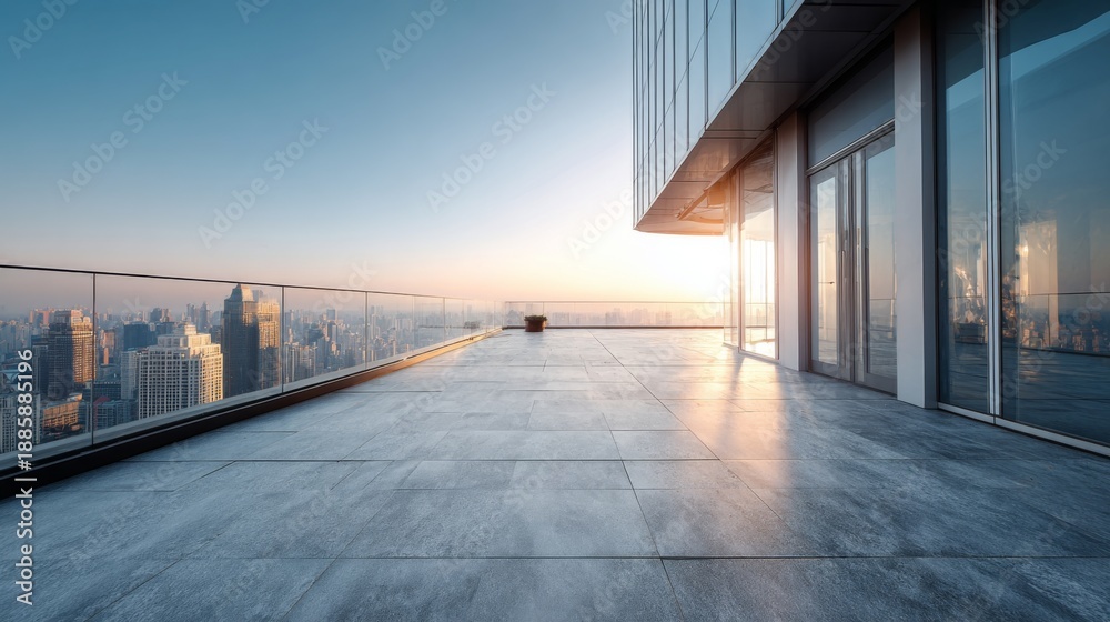 Fototapeta premium Modern rooftop terrace with panoramic city skyline at sunrise