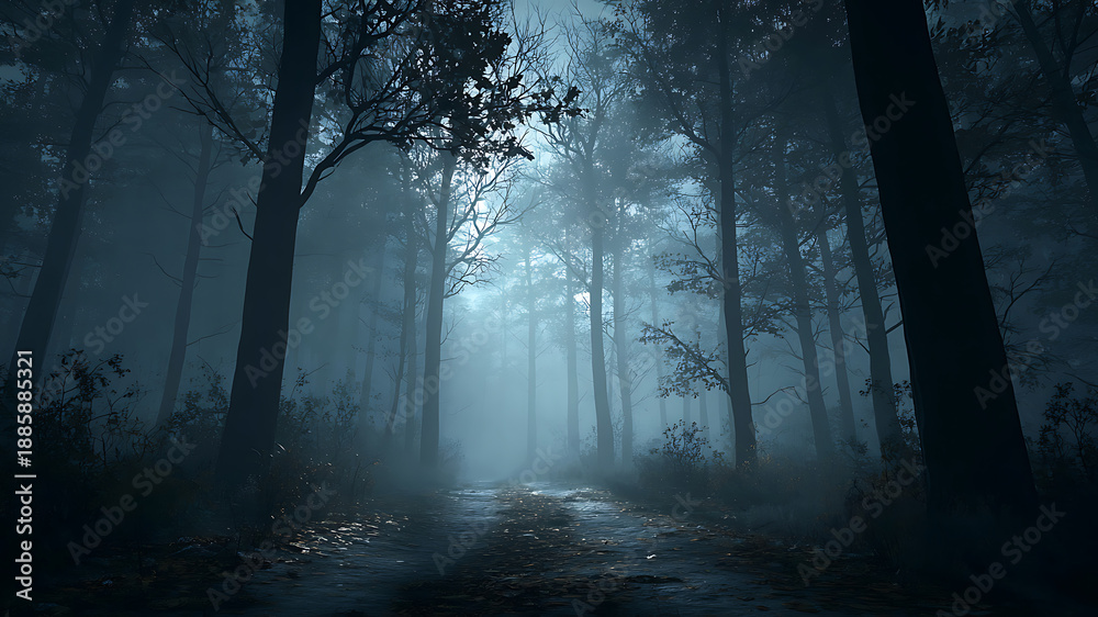 Fototapeta premium Eerie, misty forest path with tall trees and ethereal light filtering through dense fog.