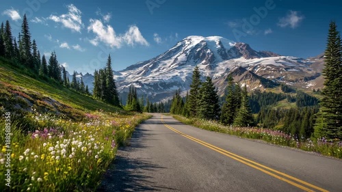 4K Scenic road leading to majestic mount rainier with wildflowers and evergreen forests on a sunny summer day video