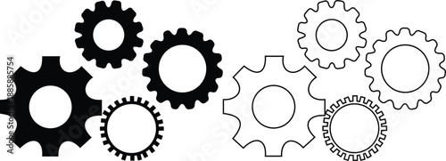 Gear and cog icon set in silhouette and outline style, mechanical settings symbols with industrial machine wheels, engineering technology vector illustration collection