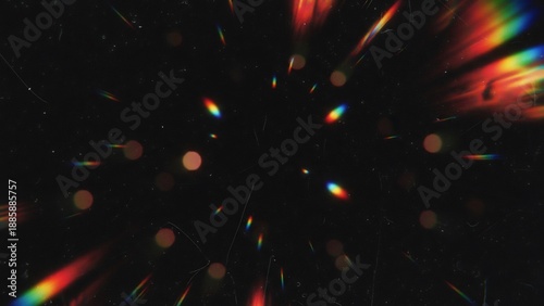 Vibrant rainbow light streaks and bokeh particles on a dark background creating a festive atmosphere with colorful abstract shapes and dynamic motion blur